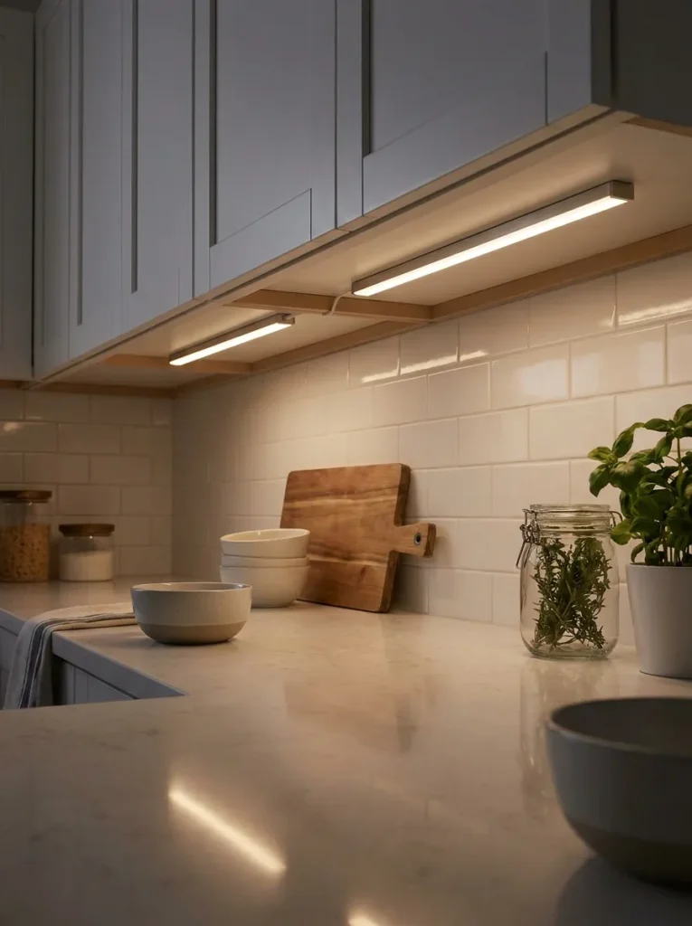 Rechargeable LED under cabinet light bars illuminating a kitchen counter