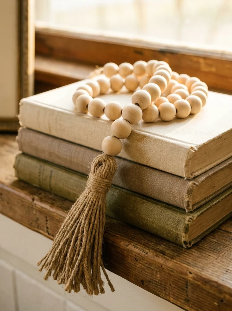 Wooden bead strand draped over books on a fireplace mantel.