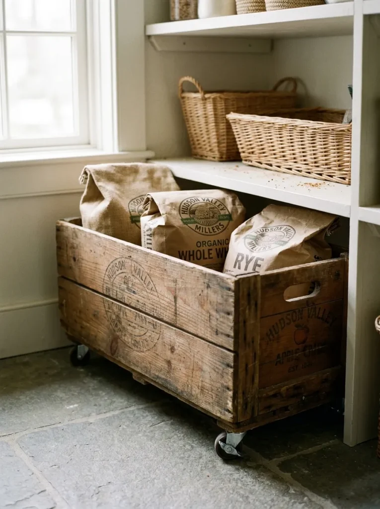 Wooden crate on casters for rolling pantry floor storage
