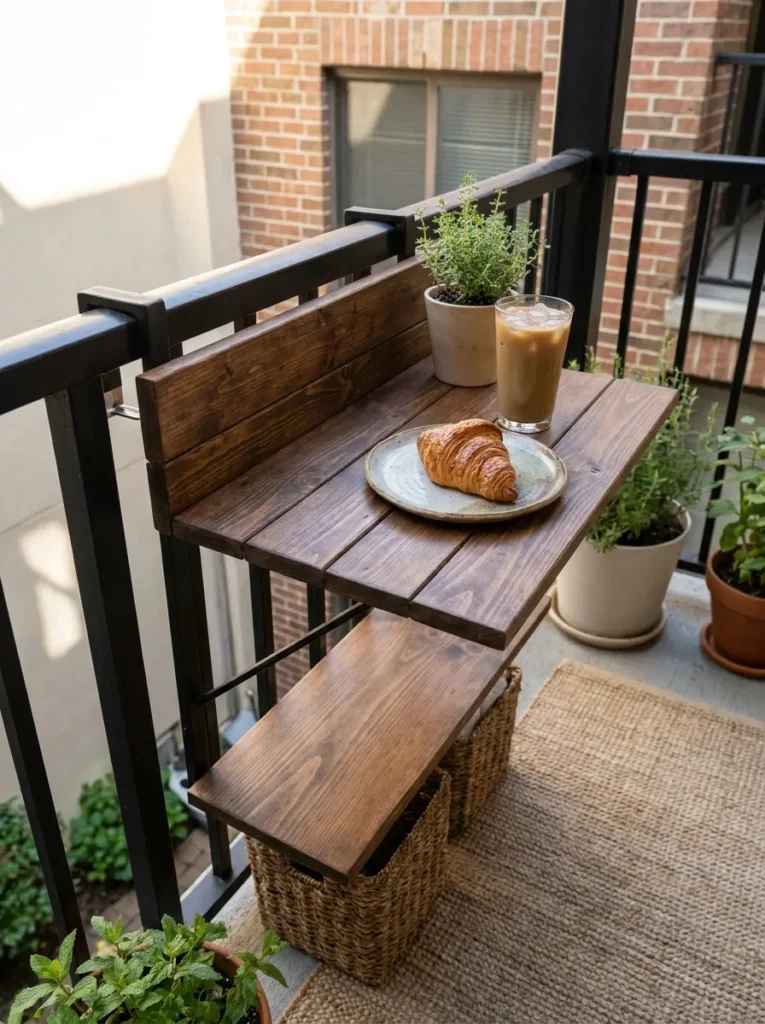 Wooden folding railing table holding a coffee cup – space-saving balcony furniture