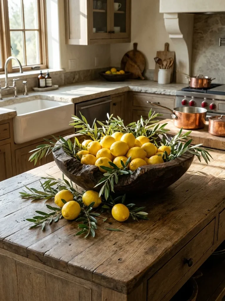 Large wooden bowl filled with fresh lemons on a kitchen island.