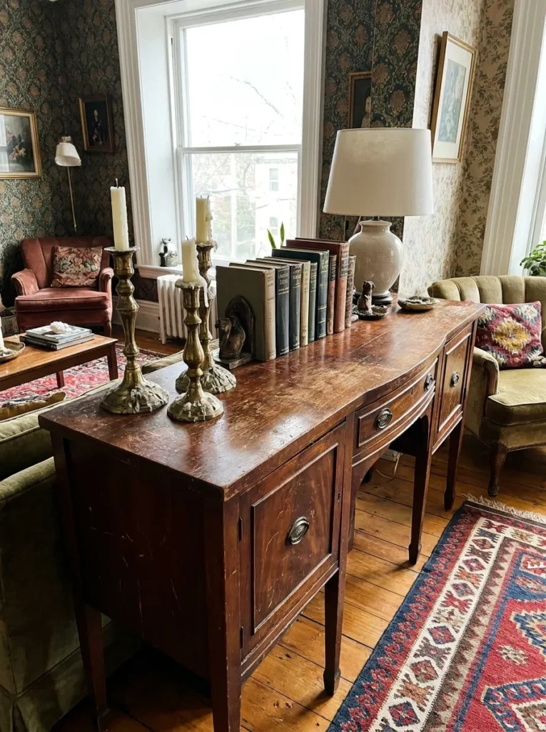Worn mahogany console table with tarnished brass – affordable vintage maximalist sourcing