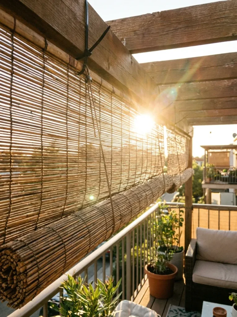 Woven outdoor roller shade pulled down – blocking late afternoon balcony sun