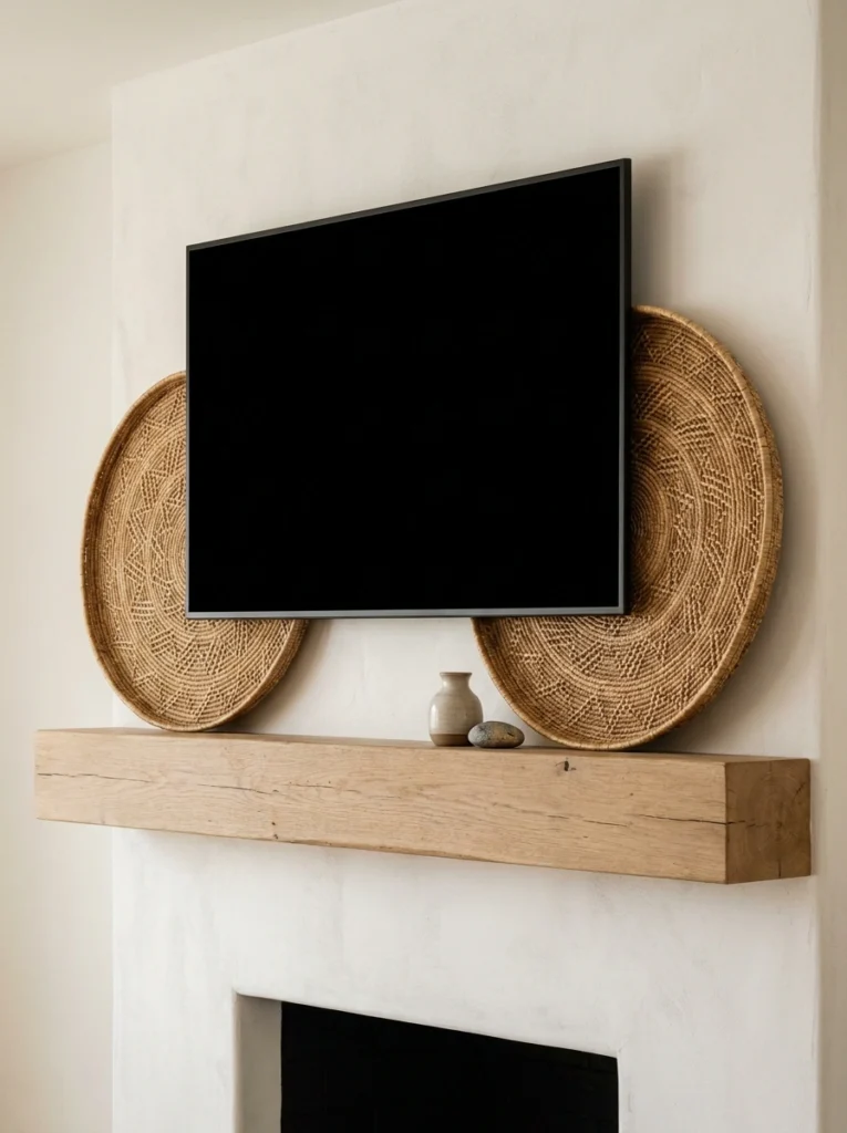 Woven sea grass trays leaned on a mantel around a TV.