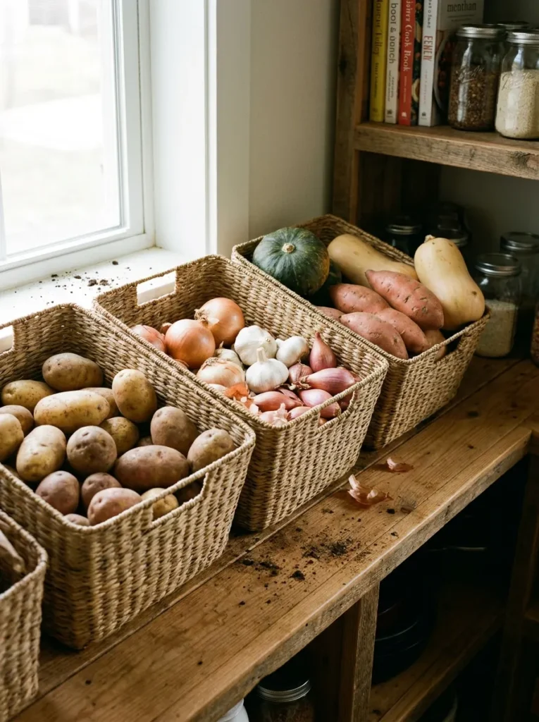 Woven sea grass baskets used for vegetable storage in a kitchen.