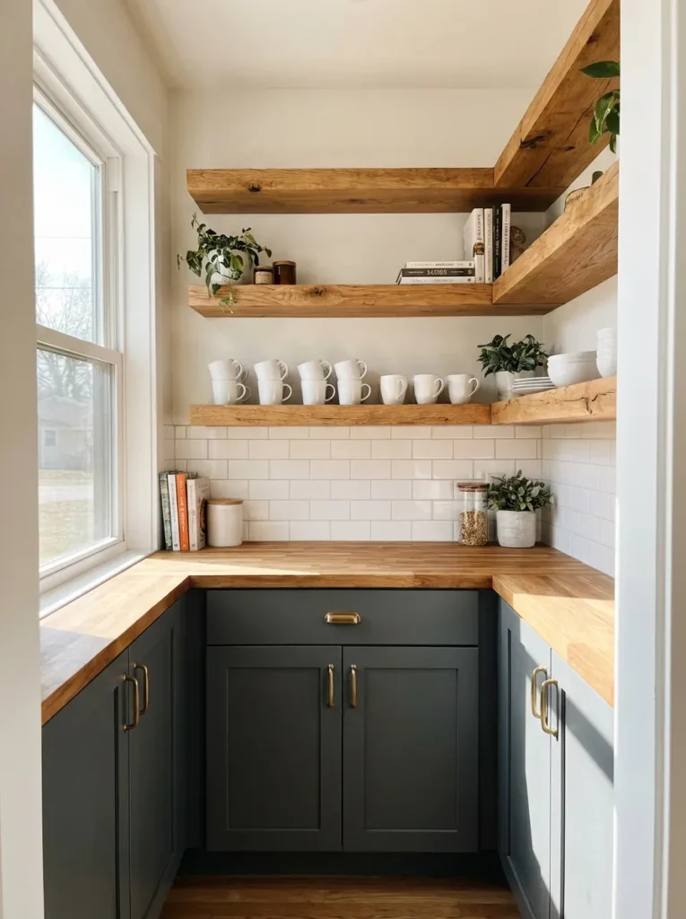 Open wood floating shelves wrapping around a small U-shaped kitchen corner