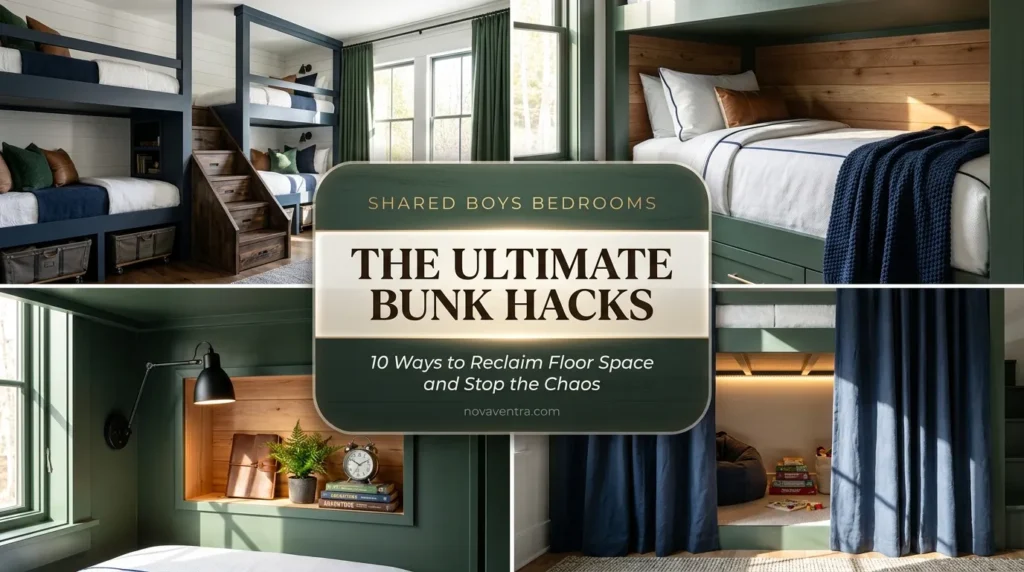 10 Bunk room ideas for boys featuring DIY built in bunk beds, zipper bedding, storage stairs, and privacy curtains.
