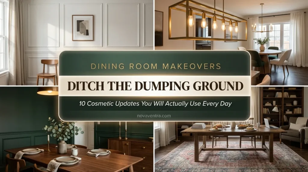 Dining room makeover ideas featuring picture frame molding, statement lighting, washable rugs, and moody painted walls.