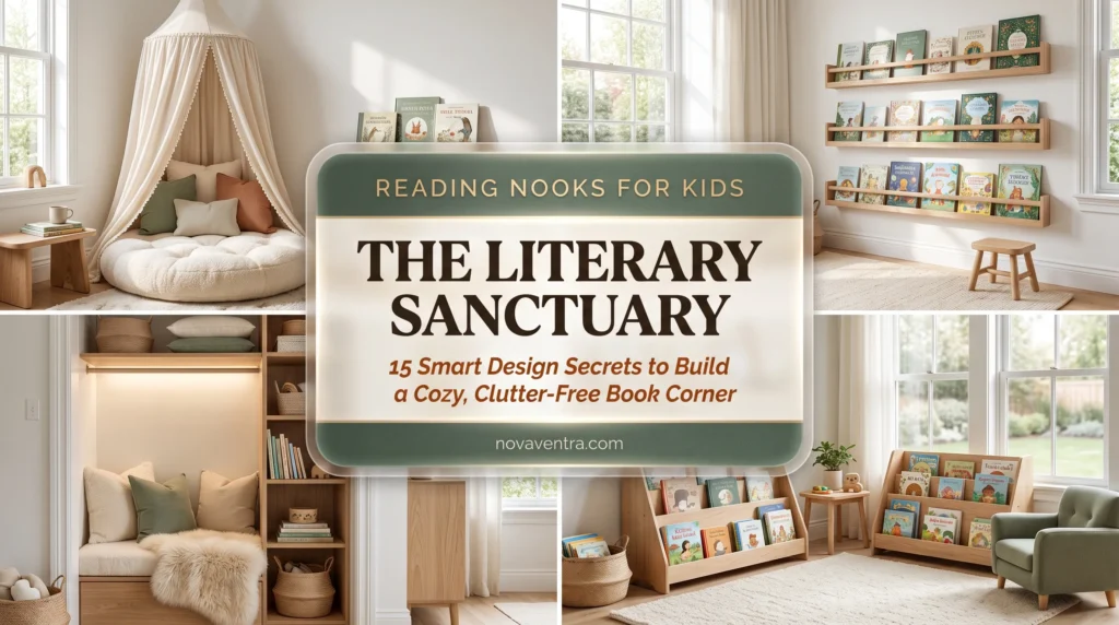 Reading nook ideas for kids featuring fabric hanging canopies, forward-facing wall book ledges, converted closet reading hideaways, and low Montessori bookshelves.