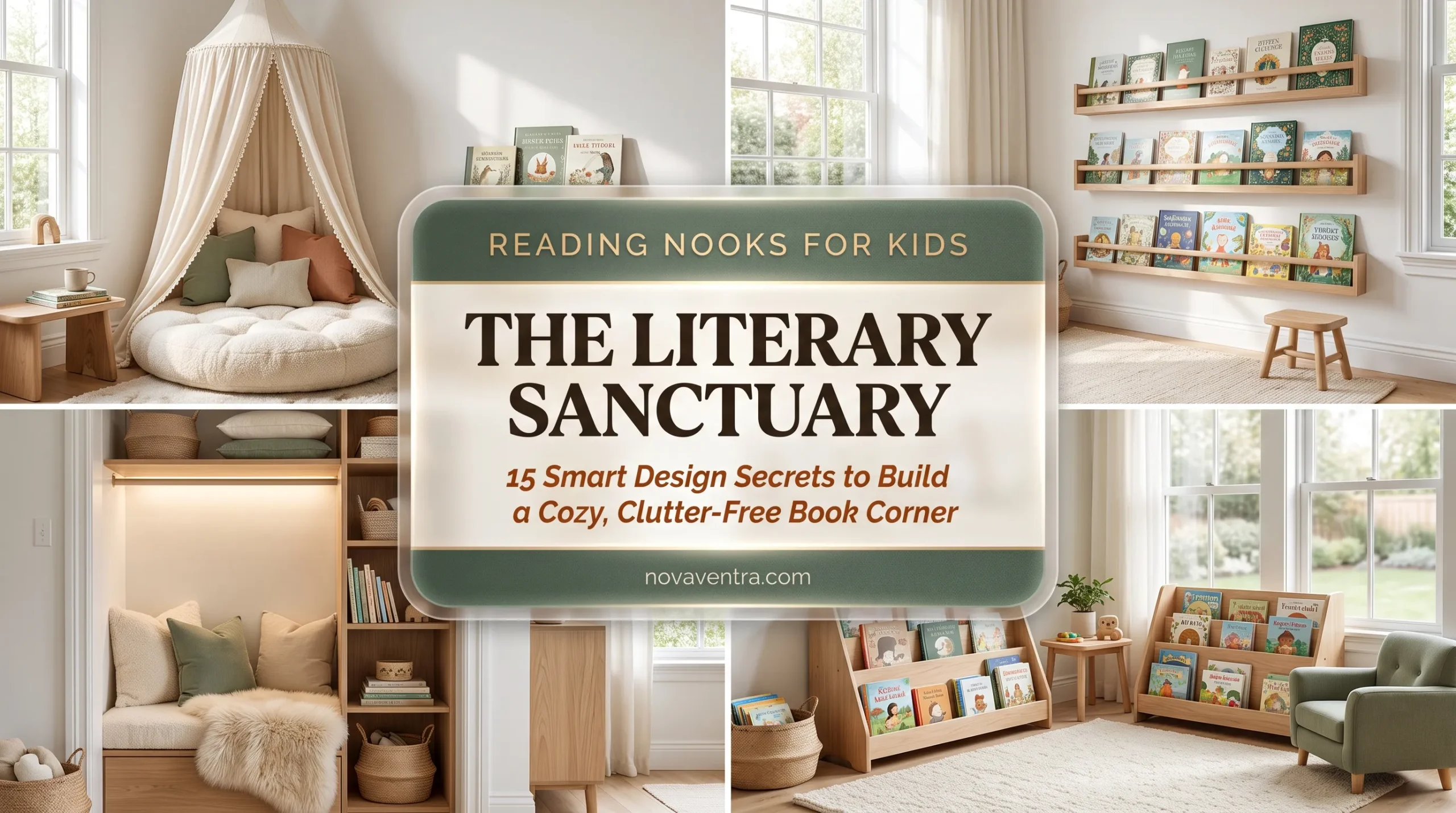 Reading nook ideas for kids featuring fabric hanging canopies, forward-facing wall book ledges, converted closet reading hideaways, and low Montessori bookshelves.
