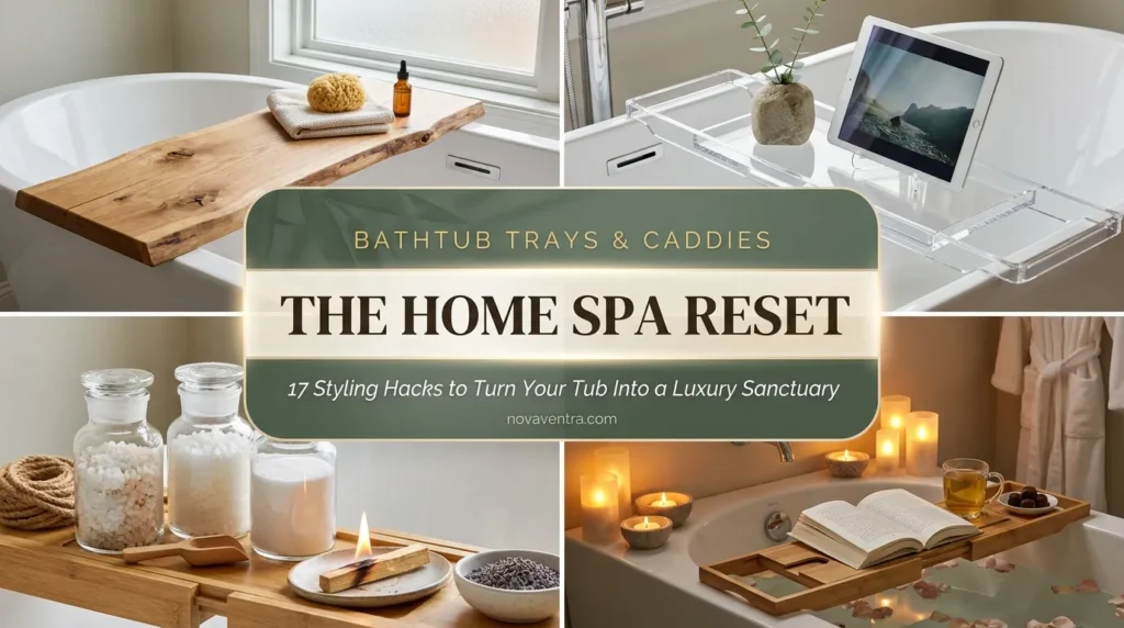 Bathtub trays and caddies featuring raw wood designs, minimalist acrylic styles, aesthetic bath salt displays, and Japandi styling.