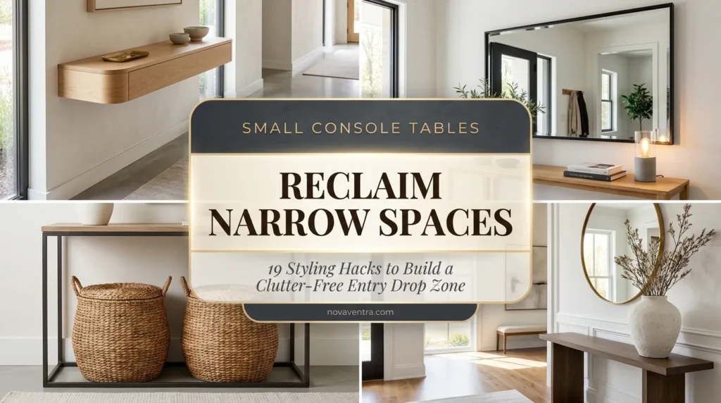 Small console table styling ideas featuring floating ledges, wall mirrors, under table woven baskets, and minimalist entryway decor