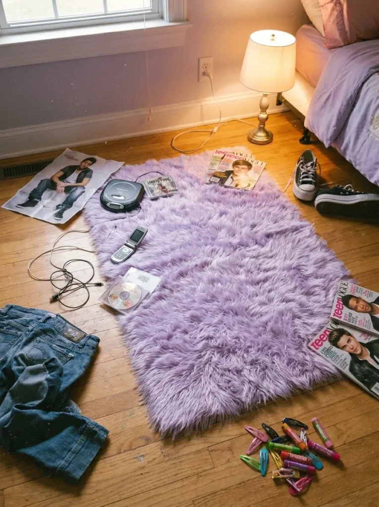 Thick long pile faux fur accent rug in a soft lavender shade on wood flooring