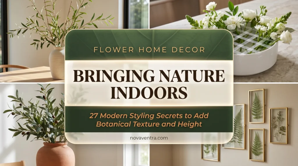 Modern flower home decor ideas featuring minimalist branch arrangements, pressed flower wall art DIY, realistic faux stems styling, and organic centerpieces.