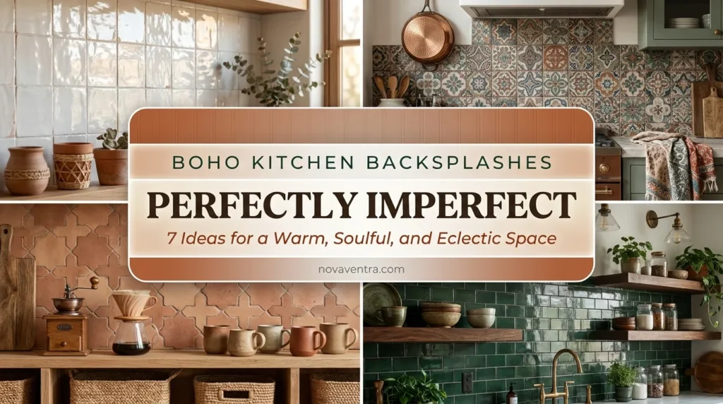 Boho kitchen backsplash ideas featuring Zellige tile, terracotta shapes, Moroccan patterns, and moody dark tiles.