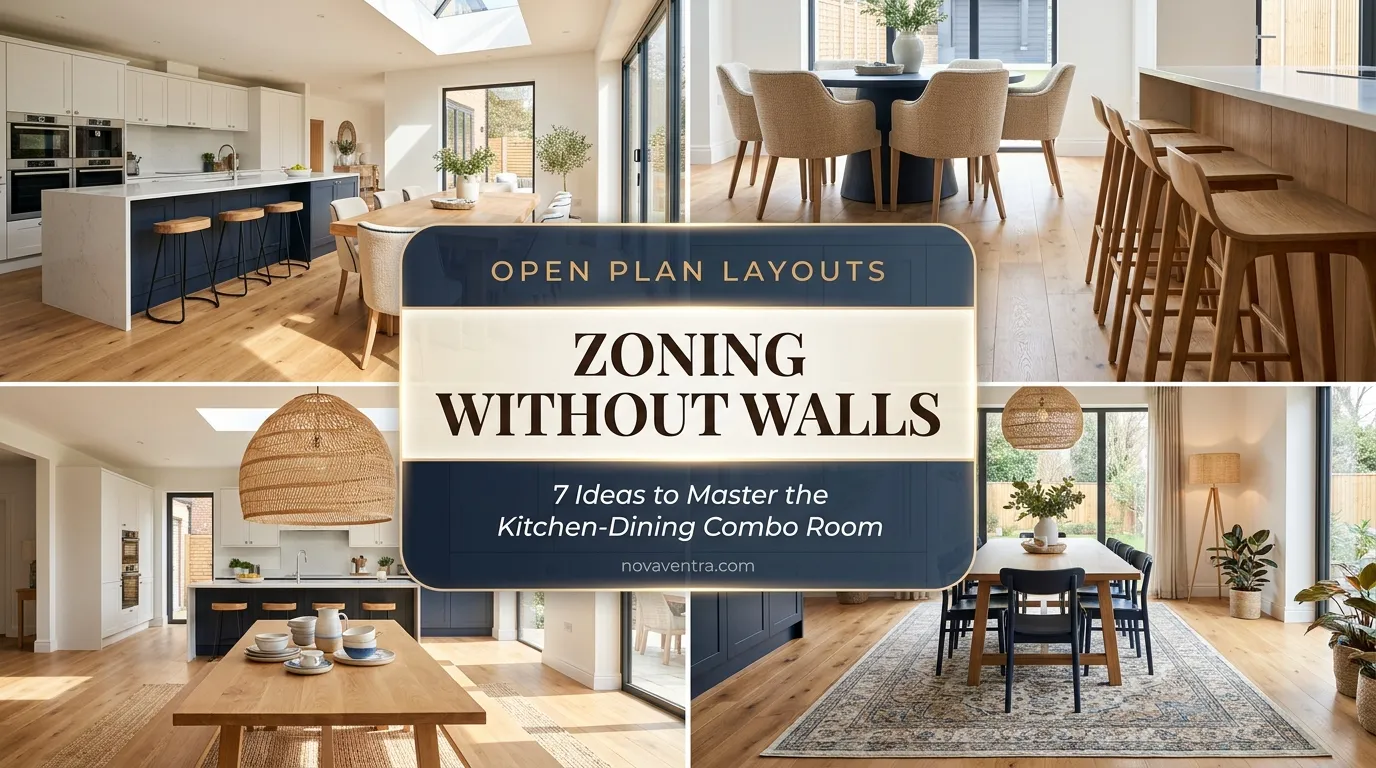 Open plan kitchen dining room ideas featuring statement pendant lighting, washable rugs, physical island dividers, and coordinated seating arrangements.