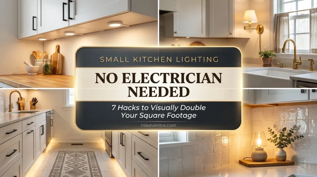 Small kitchen lighting ideas featuring plug in sconces, under cabinet puck lights, and LED toe kick lighting.