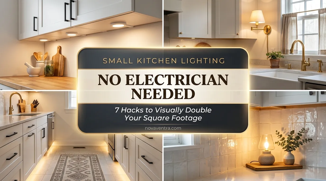 Small kitchen lighting ideas featuring plug in sconces, under cabinet puck lights, and LED toe kick lighting.