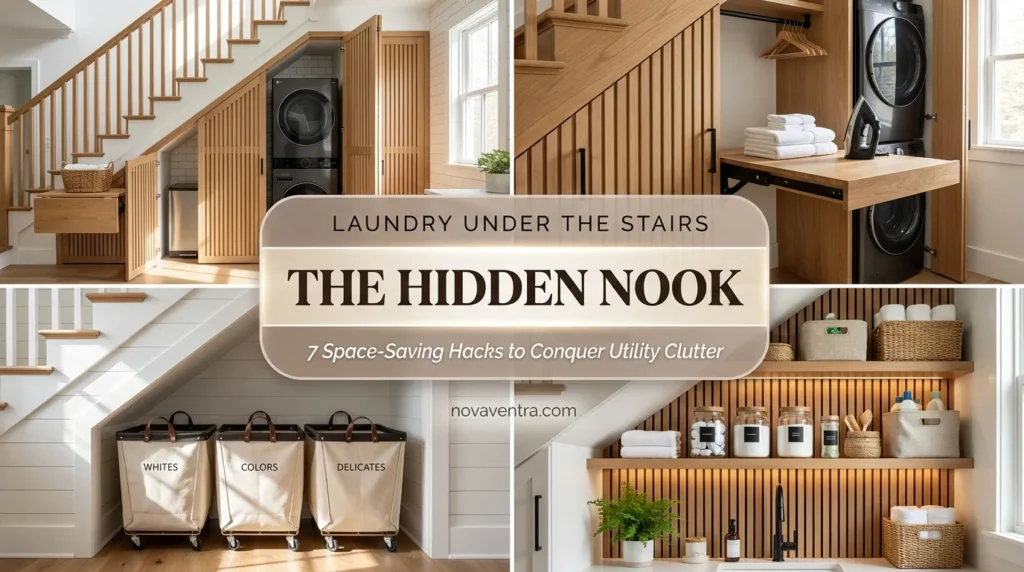 Space saving laundry ideas under the stairs featuring stacked washers, pull out folding shelves, rolling sorter bins, and hidden bi-fold doors.