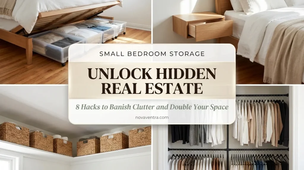 Small bedroom storage ideas featuring rolling under bed bins, floating nightstands, high wall shelves, and double hang closet rods.