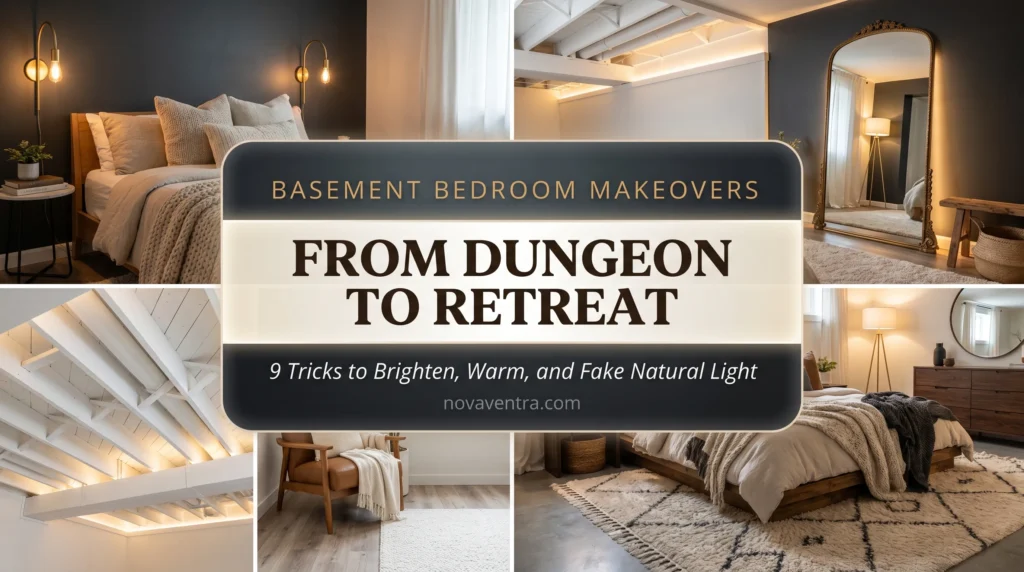 Basement bedroom makeover ideas featuring plug-in sconces, oversized mirrors, painted exposed ceilings, and plush area rugs.