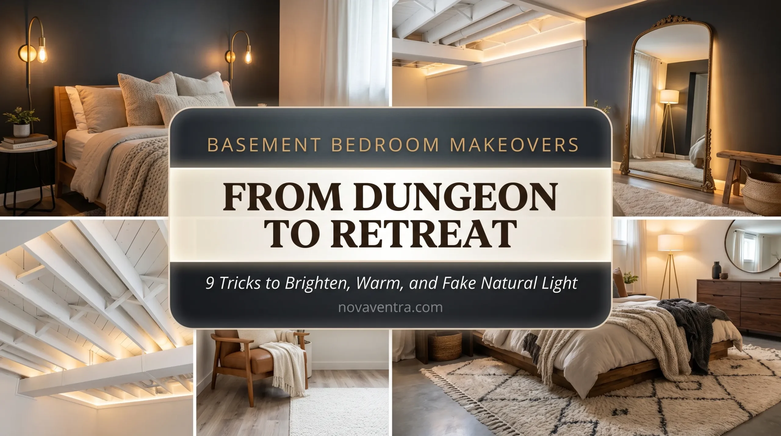 Basement bedroom makeover ideas featuring plug-in sconces, oversized mirrors, painted exposed ceilings, and plush area rugs.