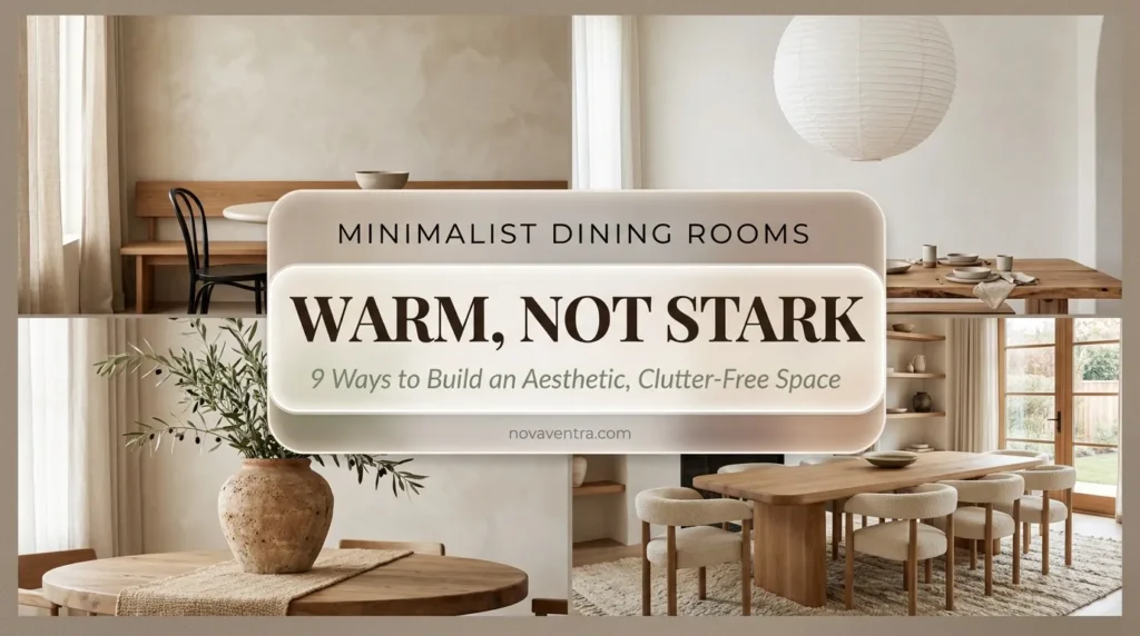 Minimalist aesthetic dining room ideas featuring limewash walls, sculptural lighting, curved chairs, and organic modern decor.