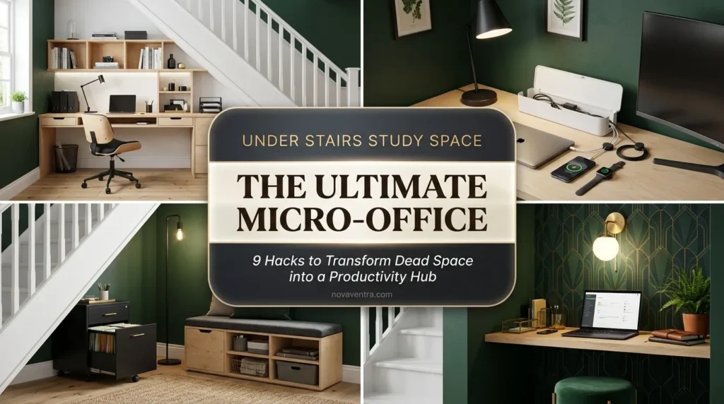 Under stairs study space ideas featuring floating desks, rolling filing cabinets, plug in sconces, and peel and stick wallpaper.