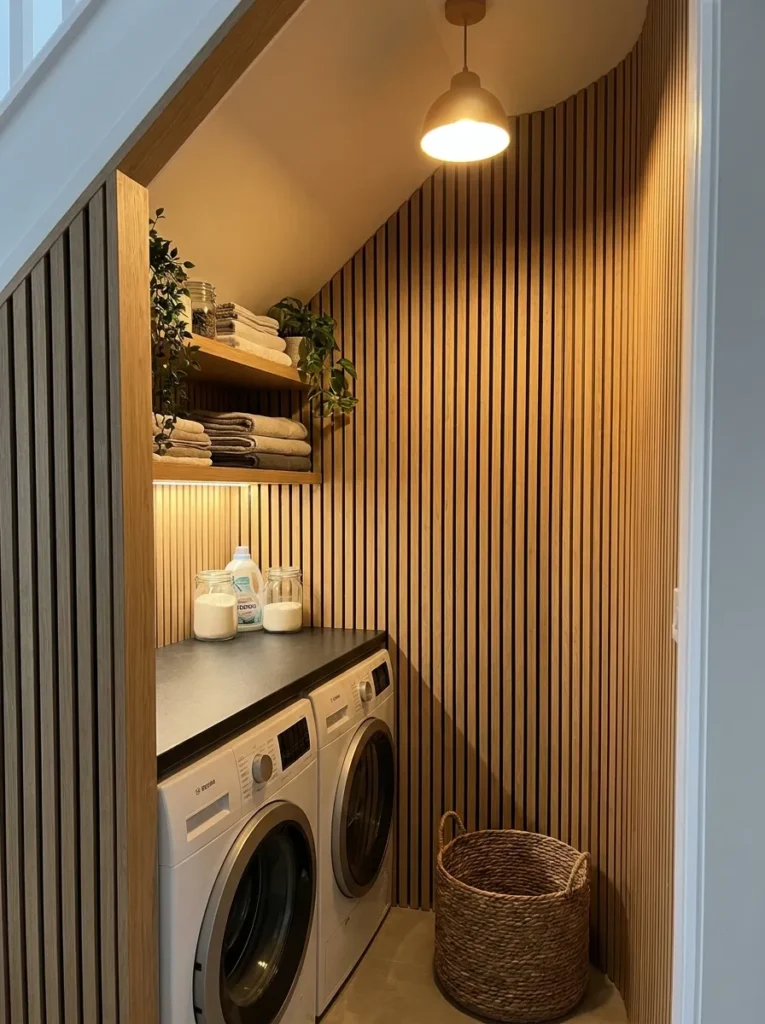 Wood slat acoustic panels dampening sound inside an under stairs laundry closet
