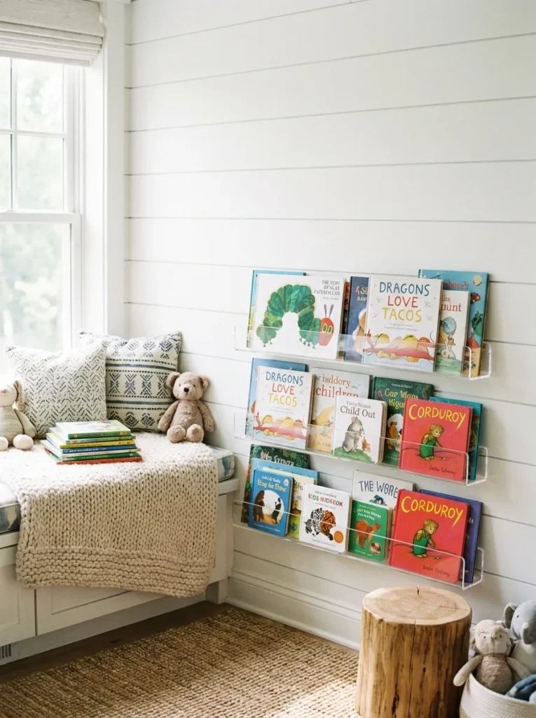 Clear acrylic floating book ledges in a child's bedroom