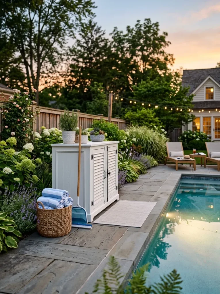 White wooden outdoor storage cabinet with louvered shutter doors on a patio
