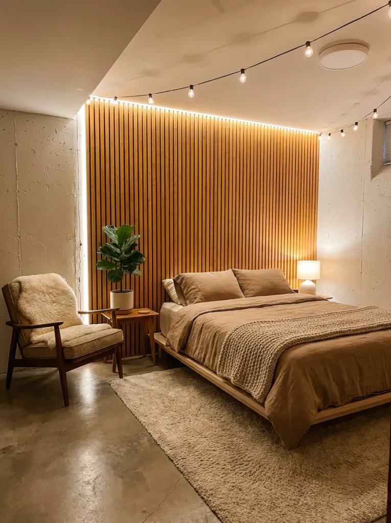 Modern wood slat accent wall behind a bed in a basement