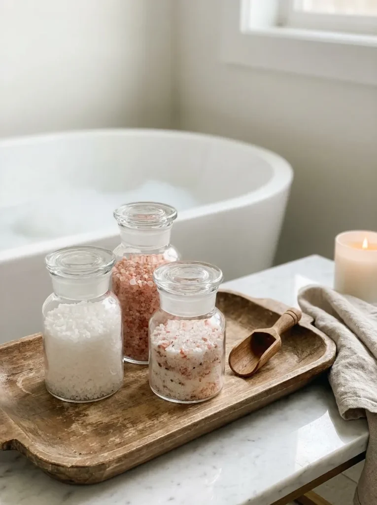 Clear glass apothecary jars filled with bath salts on a wooden caddy