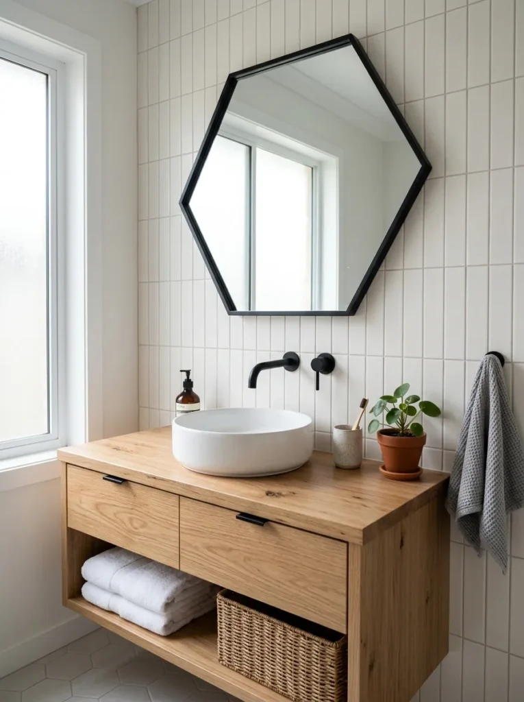 Large black metal framed hexagonal mirror mounted above a white vessel sink