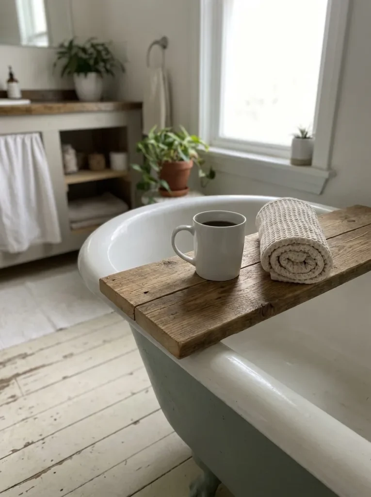 Simple wooden bath tray holding a white ceramic mug and hand towel