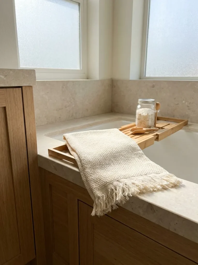 Textured cream Turkish hand towel folded flat on a bamboo bath caddy