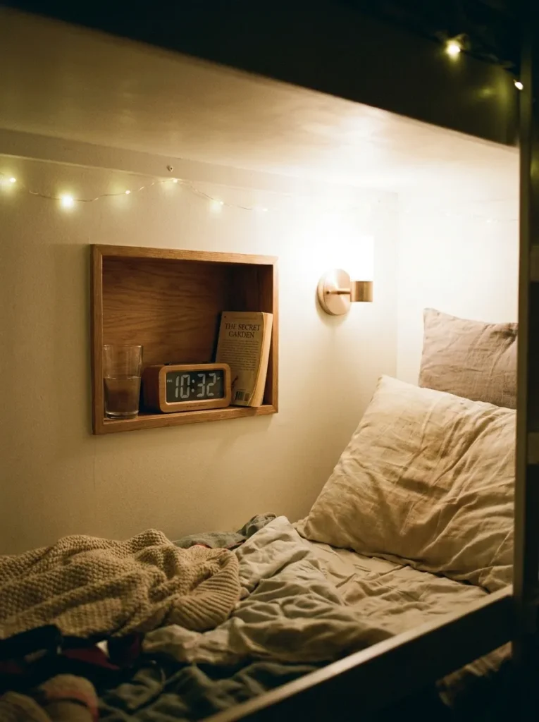 Recessed alcove shelf acting as a nightstand inside a bunk bed