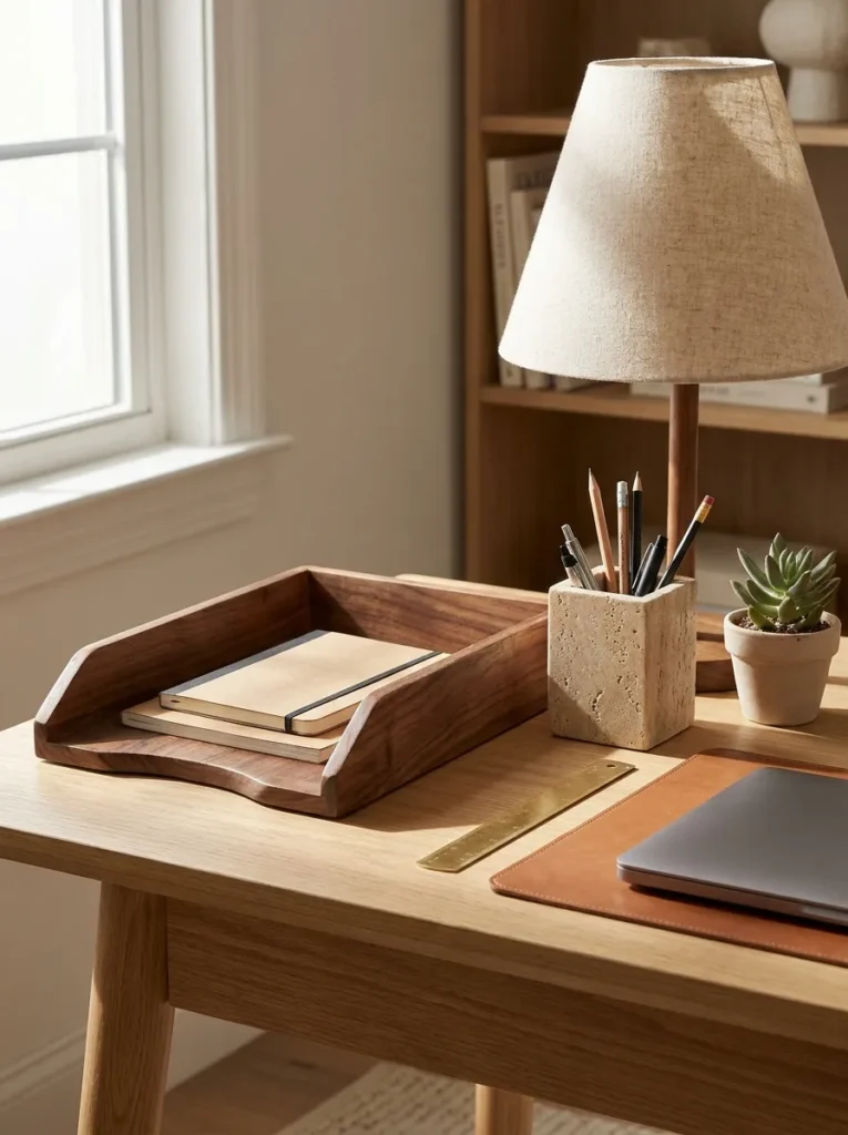 Travertine pen cup and walnut tray serving as aesthetic desk accessories for work