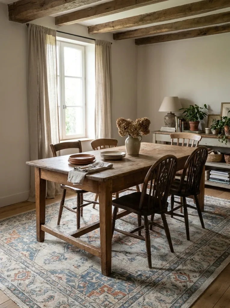 Large washable vintage rug anchoring a modern dining room table
