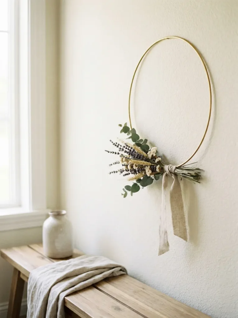 Minimal brass hoop wreath with dried lavender hanging on a cream wall