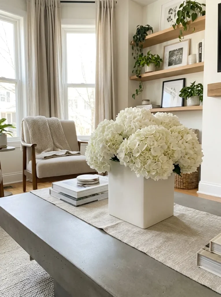 Monochromatic white hydrangeas packed tightly into a square ceramic vase
