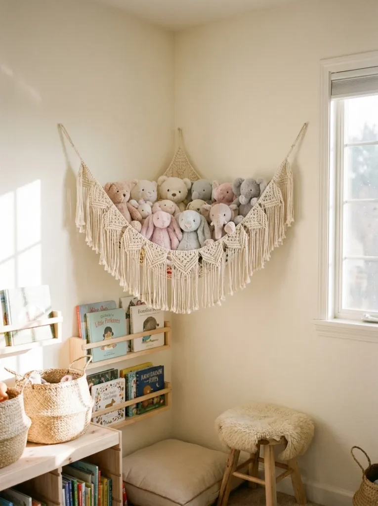 Cream macrame corner toy hammock holding pastel stuffed animals