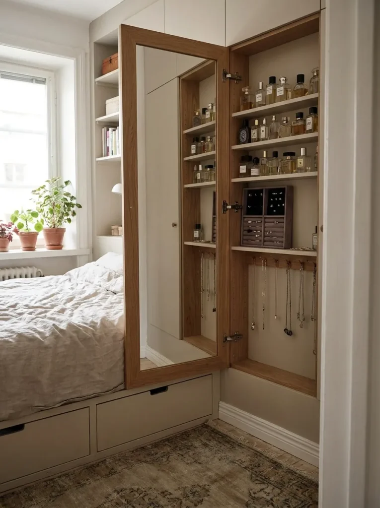 Full length floor mirror opened to reveal hidden jewelry storage