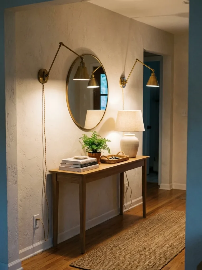 Symmetrical brass wall sconces framing a round mirror above an entry table