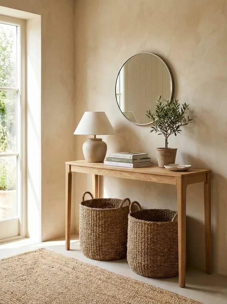 Two woven seagrass baskets tucked beneath a slim oak console table