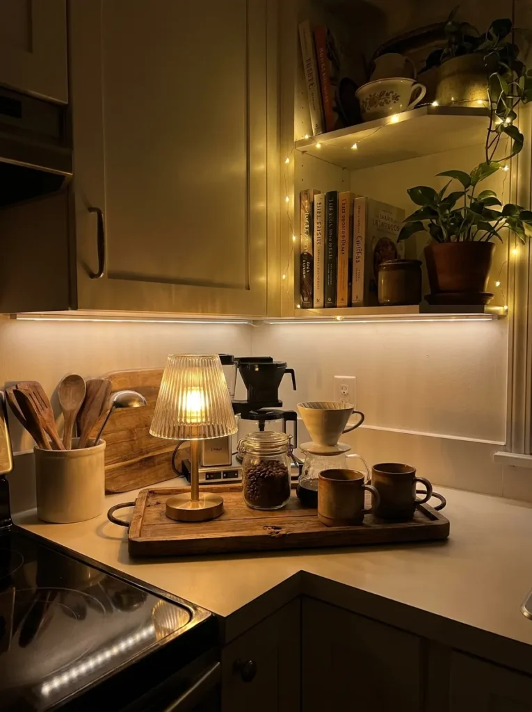 Tiny battery operated glass accent lamp on a kitchen counter