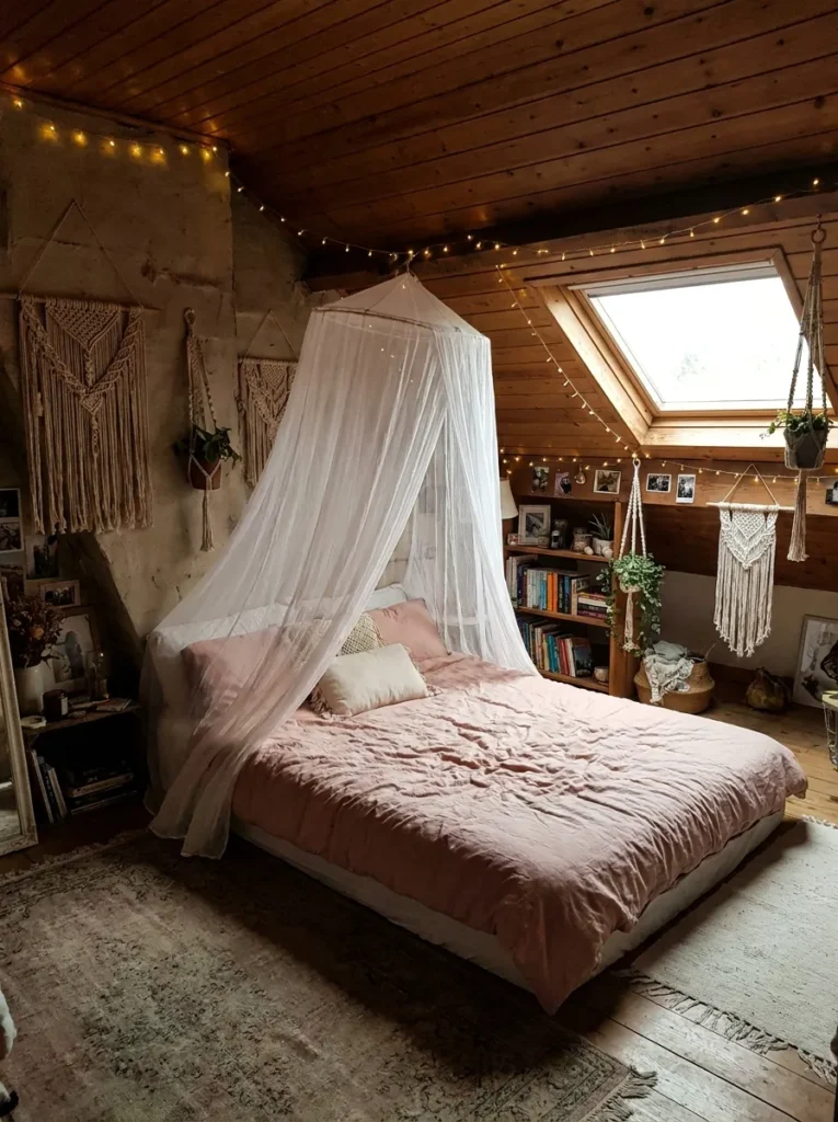 Cozy aesthetic teen girl attic bedroom with canopy netting and fairy lights