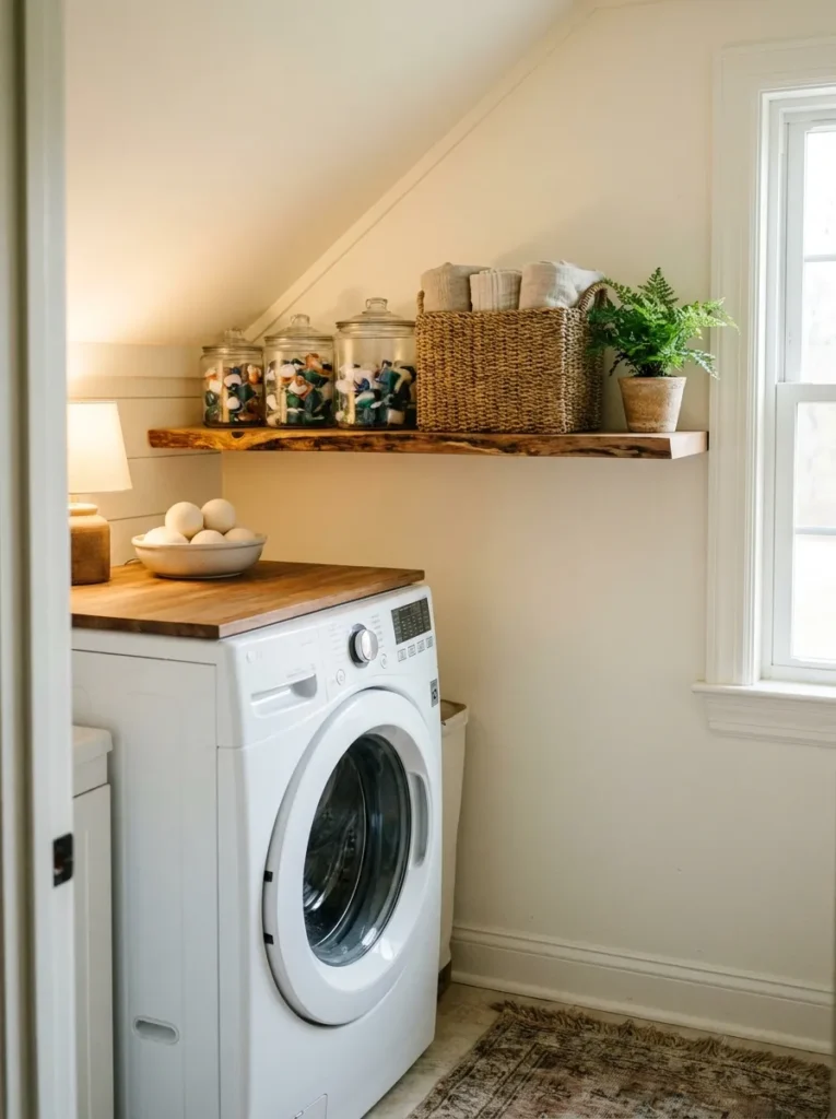 Glass jars of laundry pods and woven baskets organizing an under stairs laundry nook