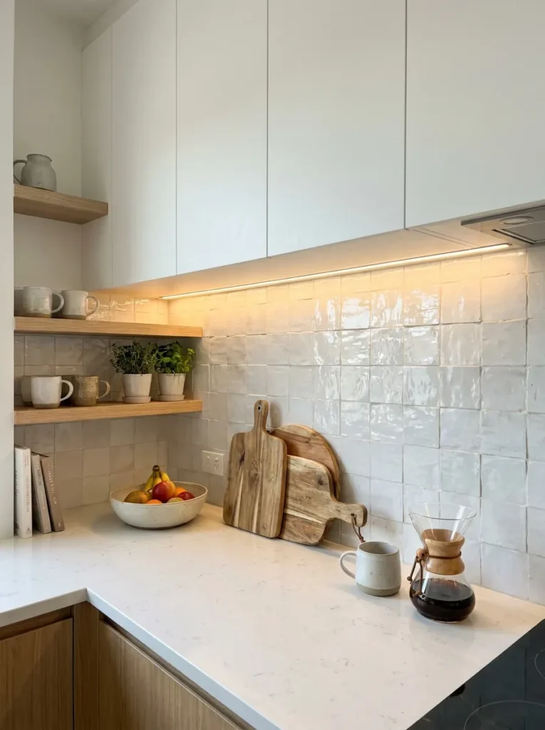 Textured handmade white Zellige tile backsplash in a white kitchen