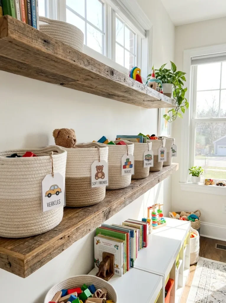 Woven toy storage baskets with visual picture labels for kids